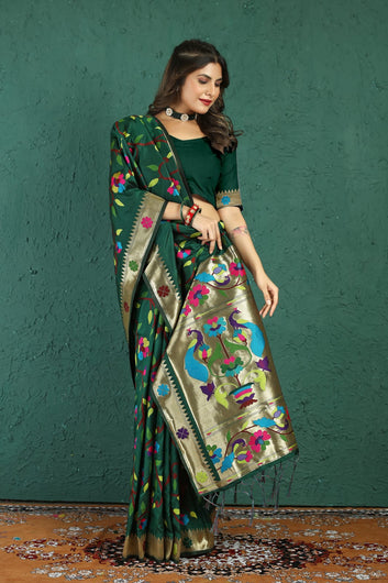 Evocative Dark Green Paithani Silk Saree With Mellifluous Blouse Piece