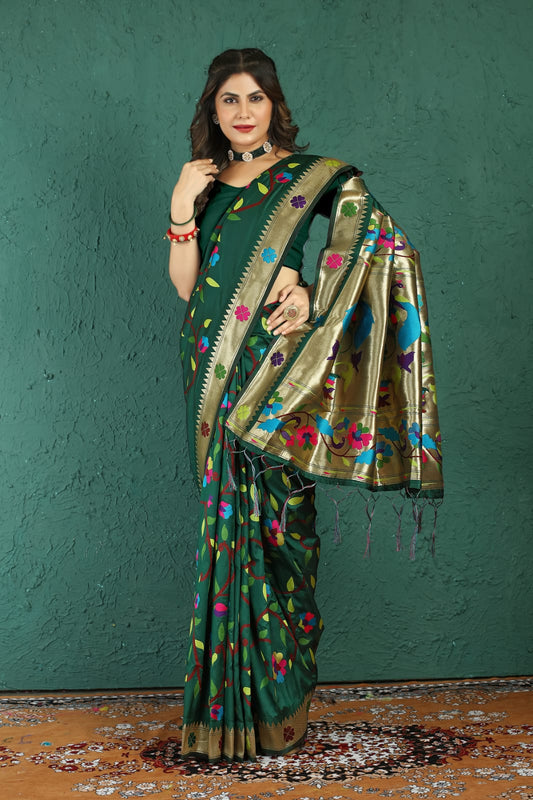 Evocative Dark Green Paithani Silk Saree With Mellifluous Blouse Piece
