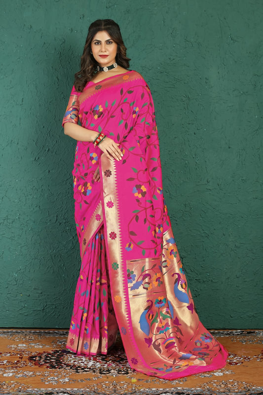 Petrichor Dark Pink Paithani Silk Saree With Devastating Blouse Piece
