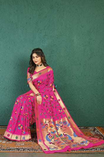 Petrichor Dark Pink Paithani Silk Saree With Devastating Blouse Piece