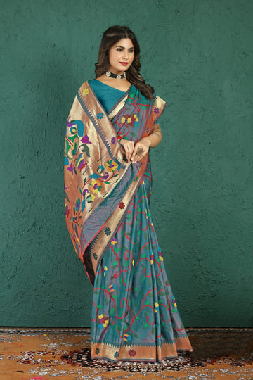 Splendiferous Grey Paithani Silk Saree With Tempting Blouse Piece