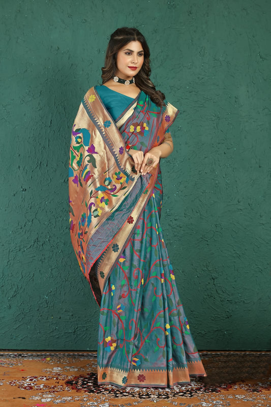 Splendiferous Grey Paithani Silk Saree With Tempting Blouse Piece