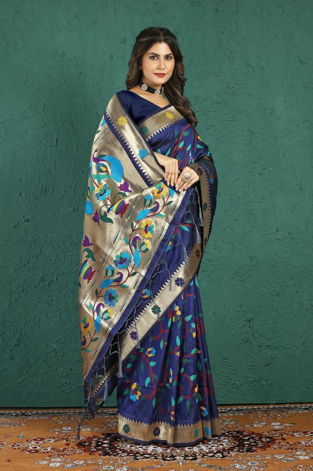 Snazzy Navy Blue Paithani Silk Saree With Magnetic Blouse Piece