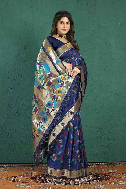 Snazzy Navy Blue Paithani Silk Saree With Magnetic Blouse Piece