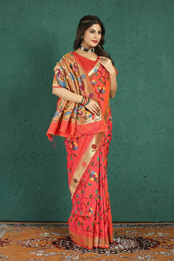 Ratatouille Peach Paithani Silk Saree With Murmurous Blouse Piece