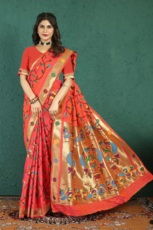 Ratatouille Peach Paithani Silk Saree With Murmurous Blouse Piece