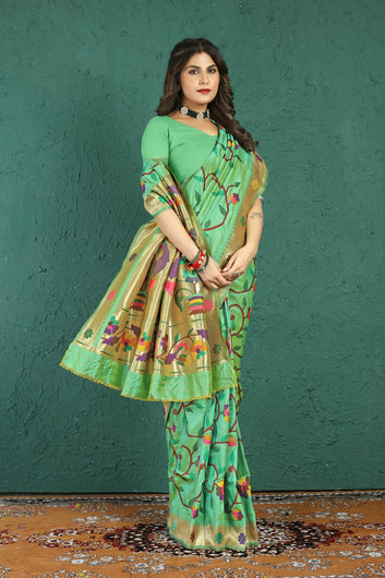 Sumptuous Pista Paithani Silk Saree With Panoply Blouse Piece