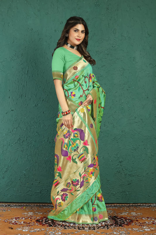 Sumptuous Pista Paithani Silk Saree With Panoply Blouse Piece