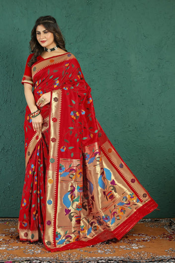 Seraglio Red Paithani Silk Saree With Palimpsest Blouse Piece