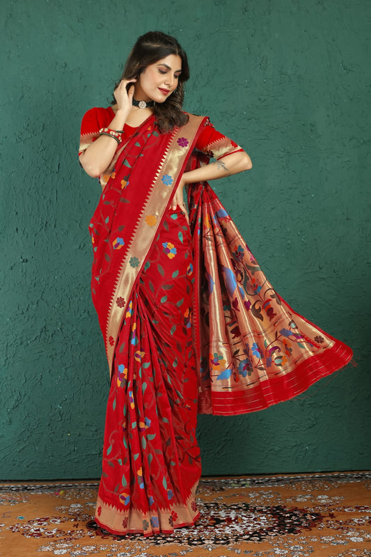 Seraglio Red Paithani Silk Saree With Palimpsest Blouse Piece