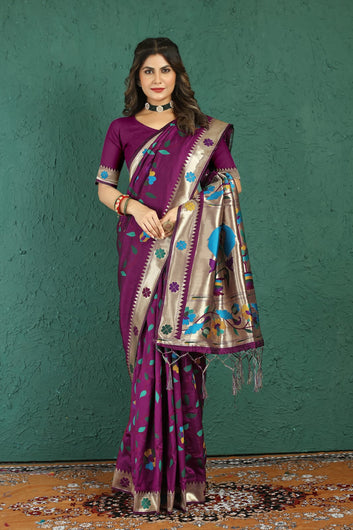 Evocative Wine Paithani Silk Saree With Dalliance Blouse Piece