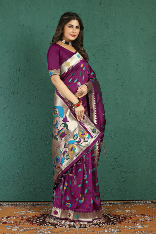 Evocative Wine Paithani Silk Saree With Dalliance Blouse Piece