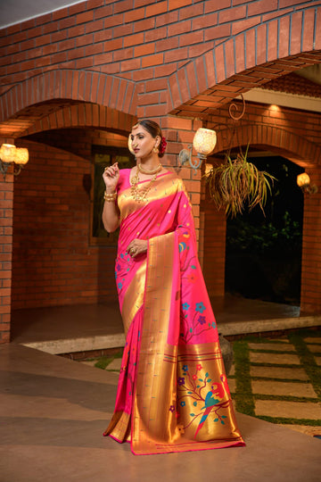 Appealing Dark Pink Paithani Silk Saree With Stunner Blouse Piece
