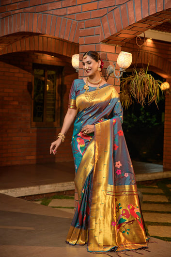 Radiant Grey Paithani Silk Saree With Stunner Blouse Piece