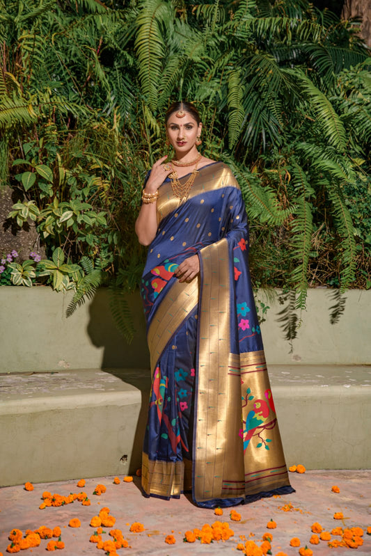 Preferable Navy Blue Paithani Silk Saree With Stunner Blouse Piece