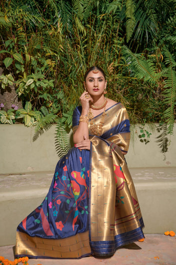 Preferable Navy Blue Paithani Silk Saree With Stunner Blouse Piece