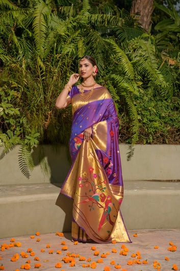 Most Flattering Purple Paithani Silk Saree With Stunner Blouse Piece