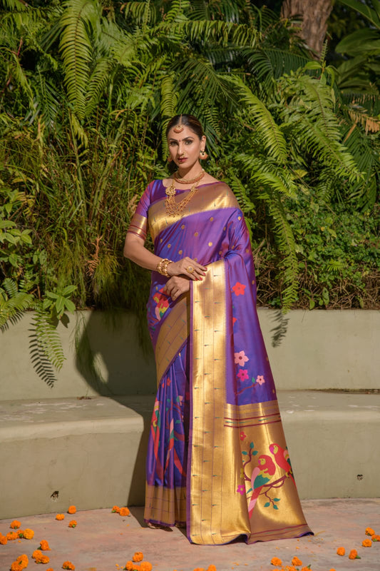 Most Flattering Purple Paithani Silk Saree With Stunner Blouse Piece