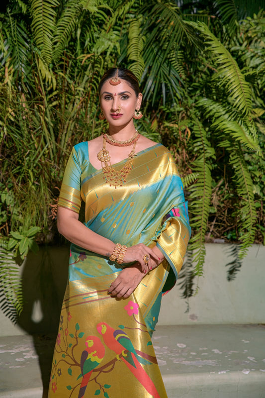 Traditional Sky Paithani Silk Saree With Stunner Blouse Piece