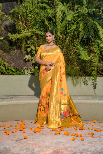 Desultory Yellow Paithani Silk Saree With Stunner Blouse Piece