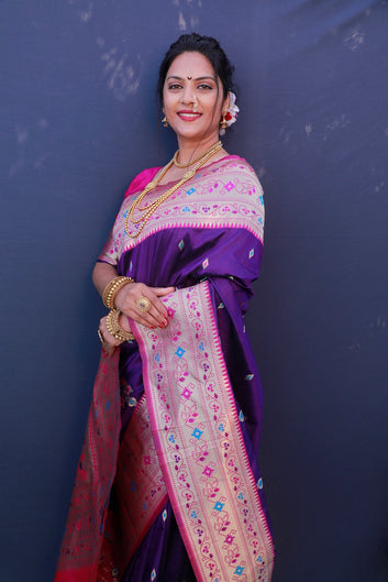 Charming Royal Blue Paithani Silk Saree With Classy Blouse Piece