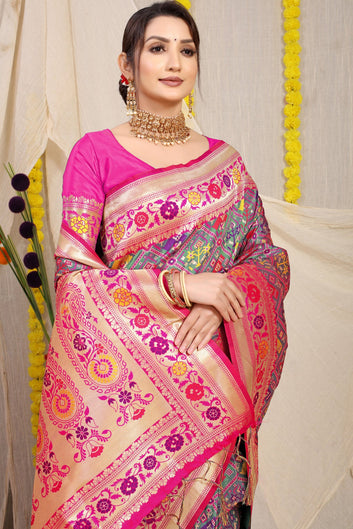 Confounding Grey Paithani Silk Saree With Blooming Blouse Piece