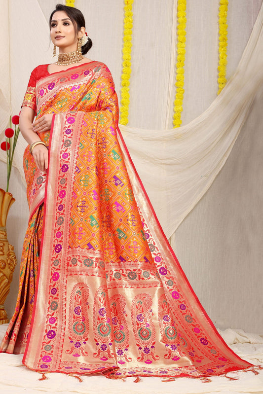 Devastating Orange Paithani Silk Saree With Pleasant Blouse Piece