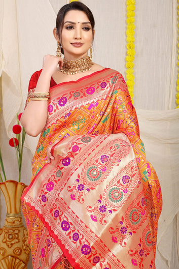 Devastating Orange Paithani Silk Saree With Pleasant Blouse Piece