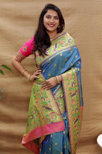 Flattering Blue Paithani Silk Saree With Wonderful Blouse Piece