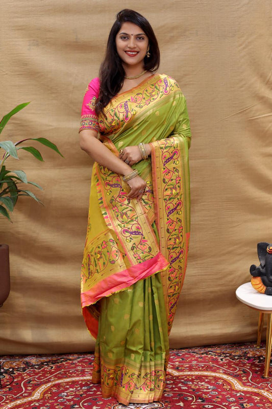 Outstanding Green Paithani Silk Saree With Appealing Blouse Piece