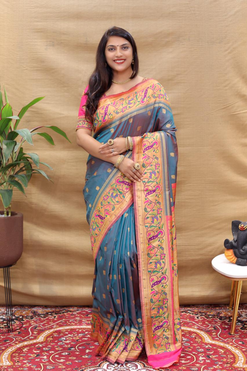Pleasant Grey Paithani Silk Saree With Excellent Blouse Piece
