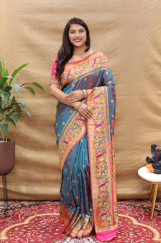 Pleasant Grey Paithani Silk Saree With Excellent Blouse Piece