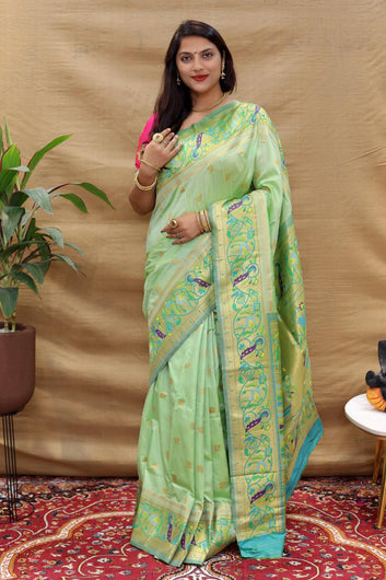 Serendipity Pista Paithani Silk Saree With Snazzy Blouse Piece