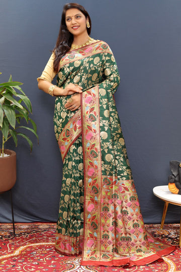 Vestigial Dark Green Paithani Silk Saree With Seraphic Blouse Piece