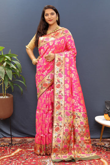 Epiphany Dark Pink Paithani Silk Saree With Enamoring Blouse Piece