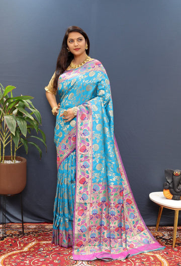 Bewitching Firozi Paithani Silk Saree With Quixotic Blouse Piece