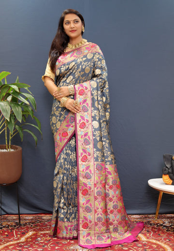 Lissome Grey Paithani Silk Saree With Rhapsody Blouse Piece