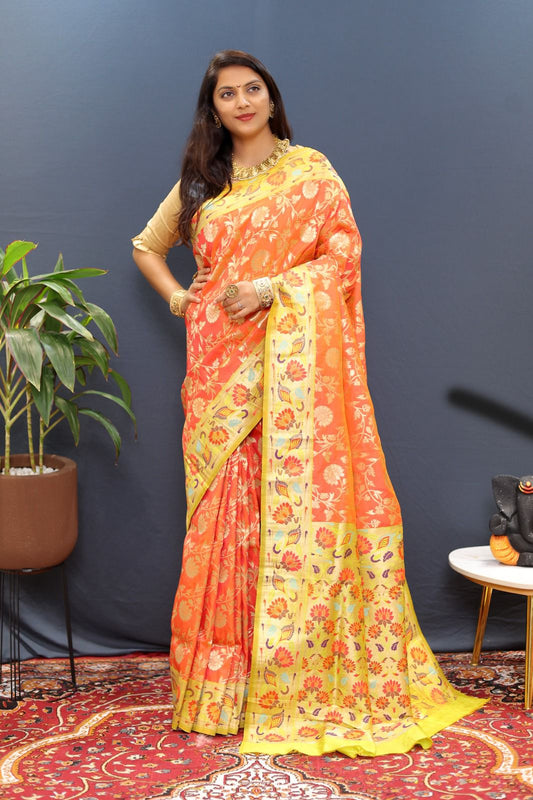 Sempiternal Peach Paithani Silk Saree With Aplomb Blouse Piece