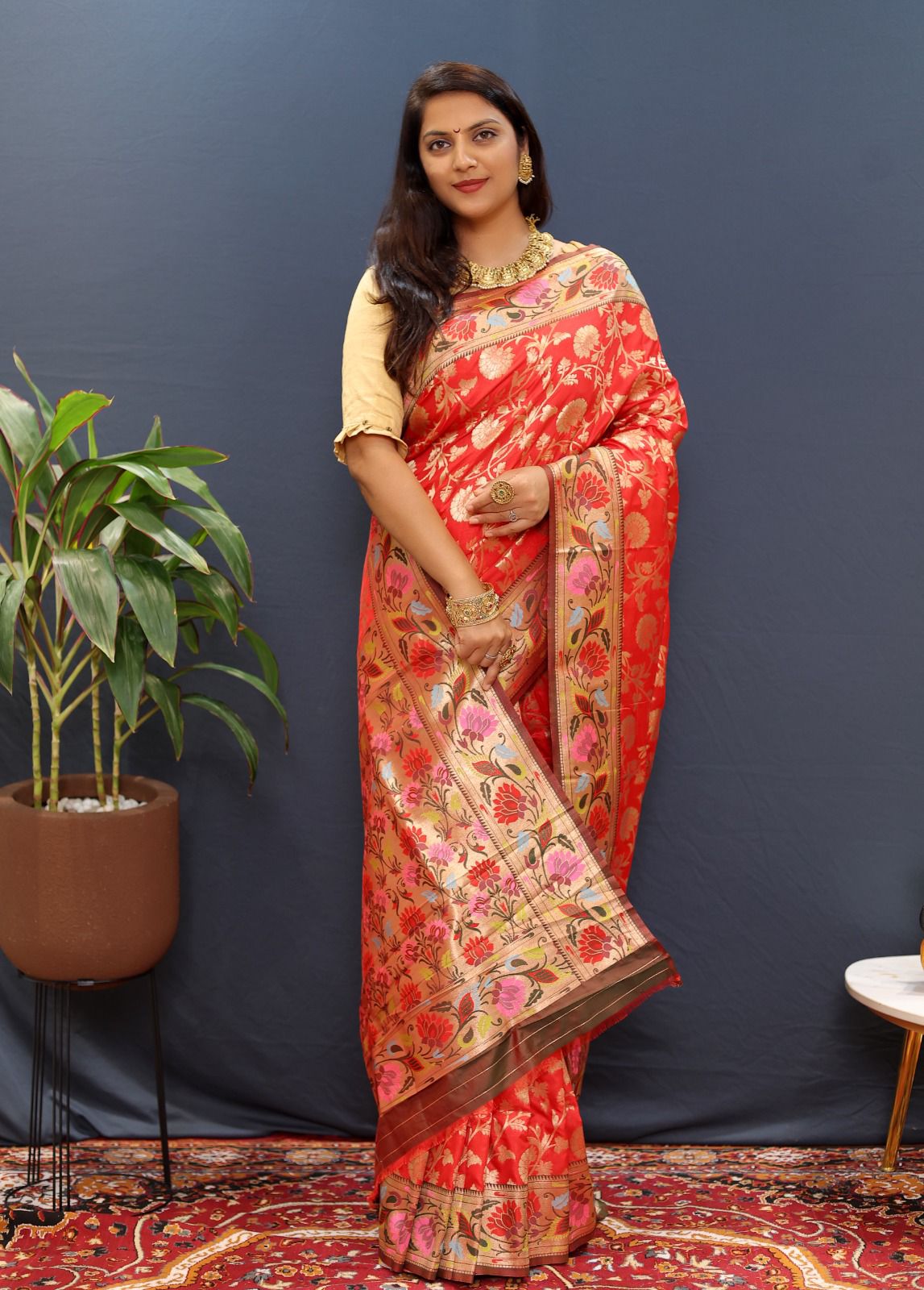 Demesne Red Paithani Silk Saree With Profuse Blouse Piece