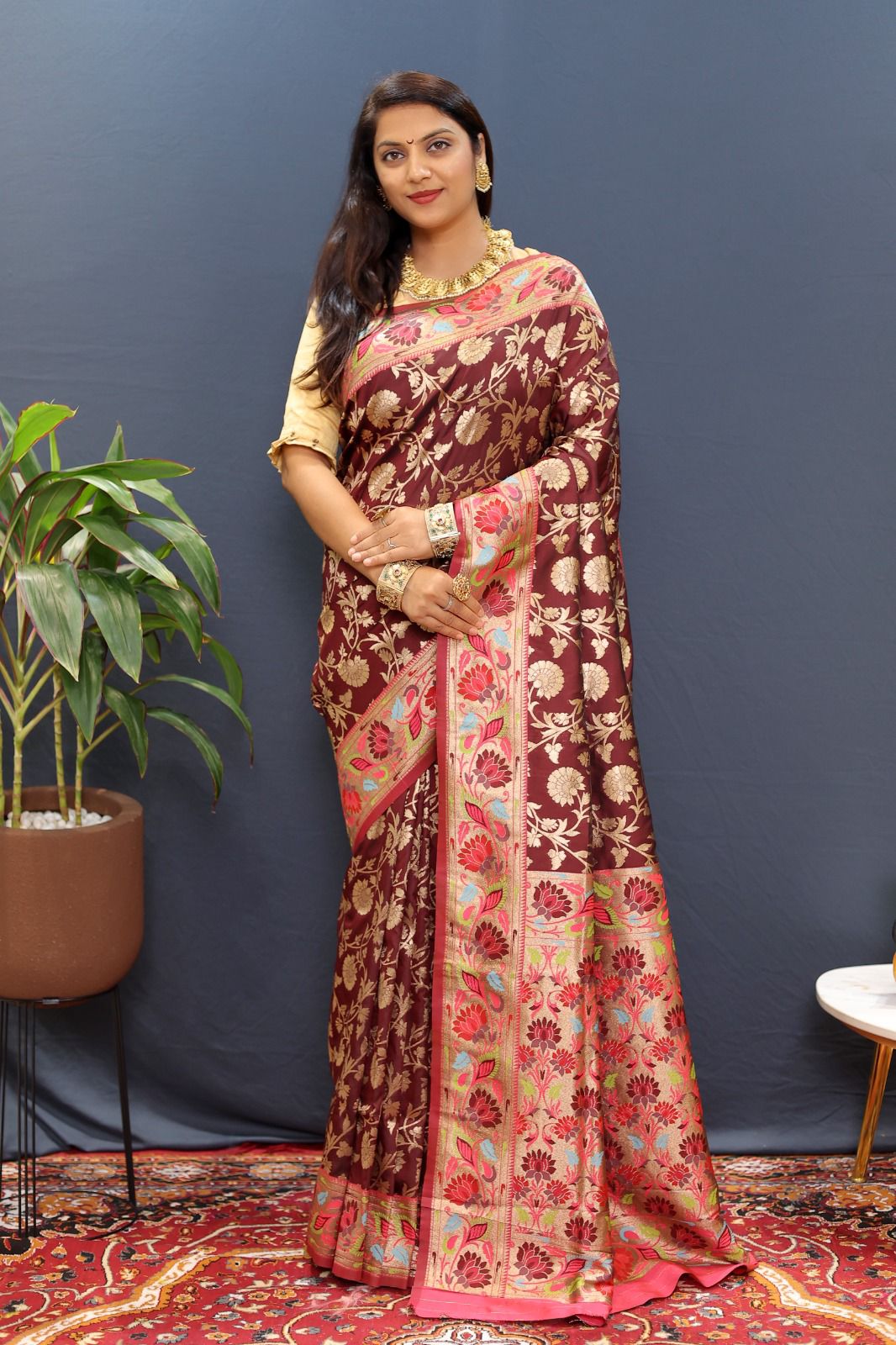 Angelic Wine Paithani Silk Saree With Symmetrical Blouse Piece