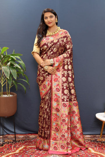 Angelic Wine Paithani Silk Saree With Symmetrical Blouse Piece
