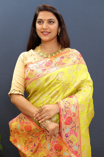 Twirling Yellow Paithani Silk Saree With Magnetic Blouse Piece