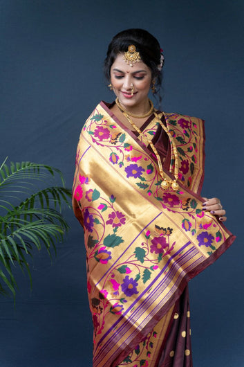 Entrancing Brown Paithani Silk Saree With Sizzling Blouse Piece