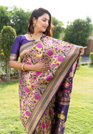 Dalliance Blue Paithani Silk Saree With Brood Blouse Piece