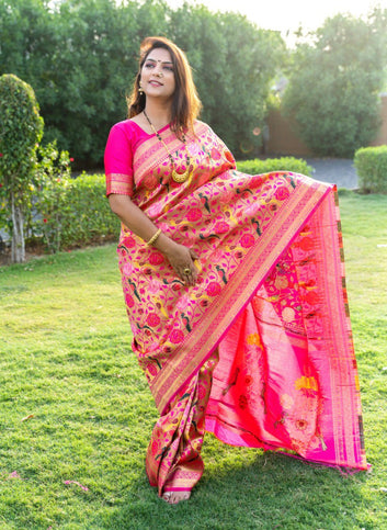 Demesne Pink Paithani Silk Saree With Brood Blouse Piece