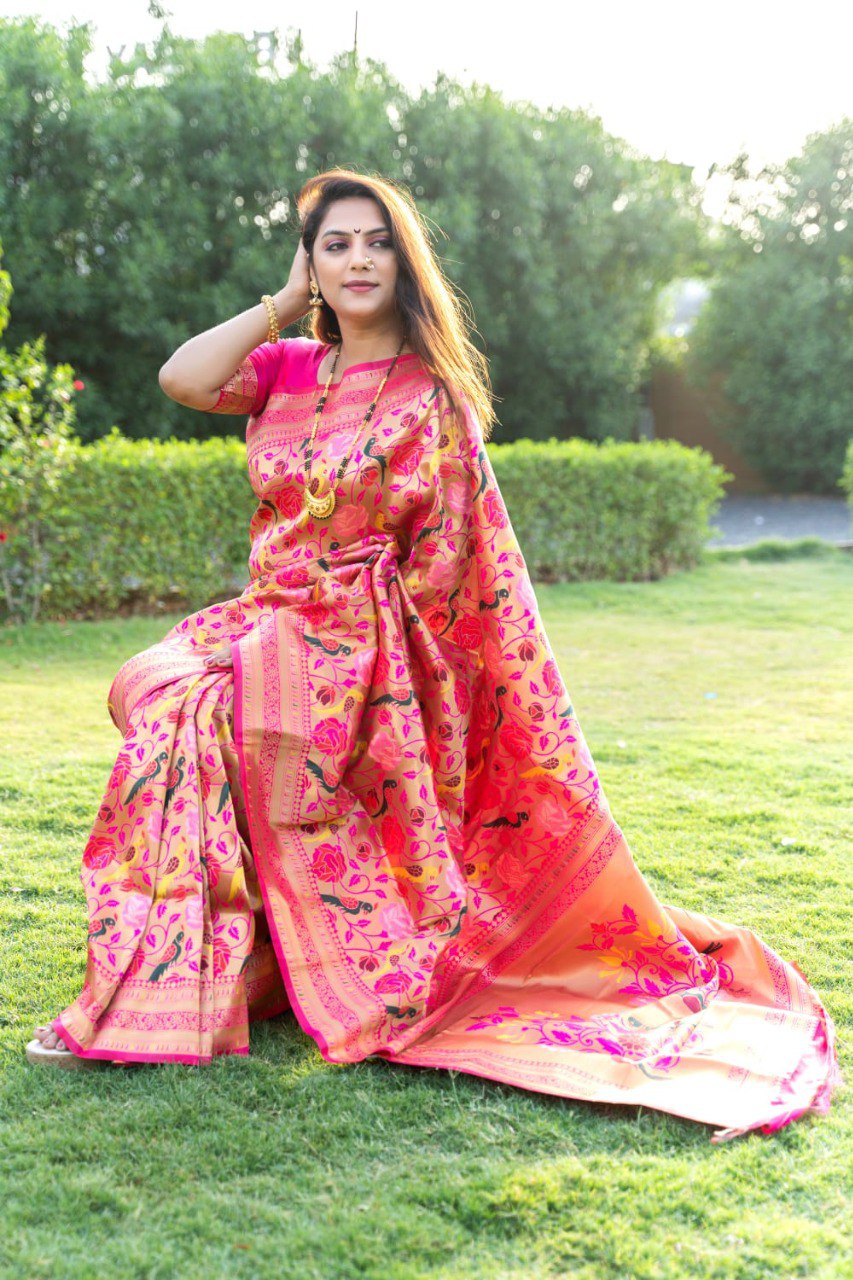 Demesne Pink Paithani Silk Saree With Brood Blouse Piece