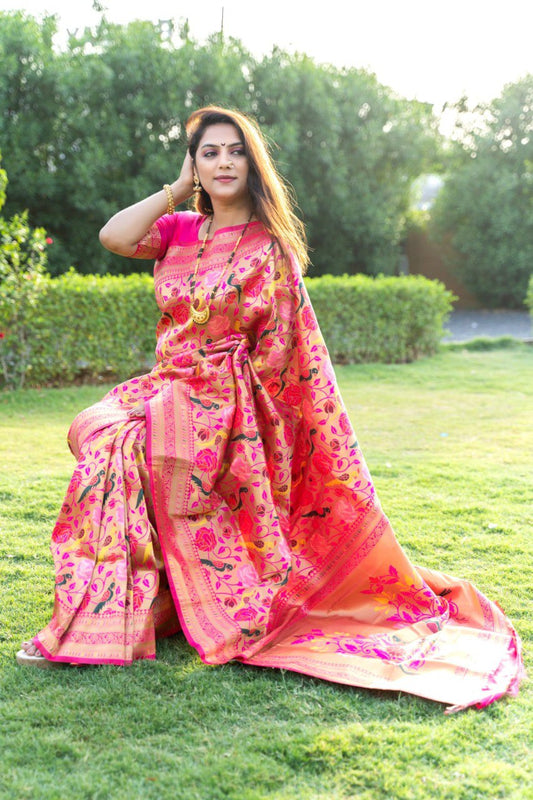 Demesne Pink Paithani Silk Saree With Brood Blouse Piece