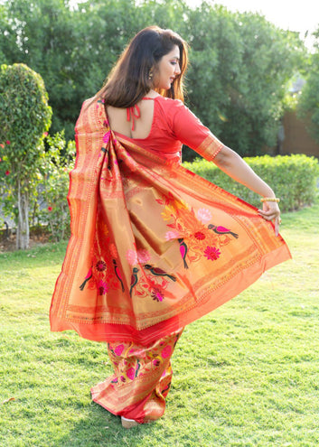 Desuetude Red Paithani Silk Saree With Brood Blouse Piece