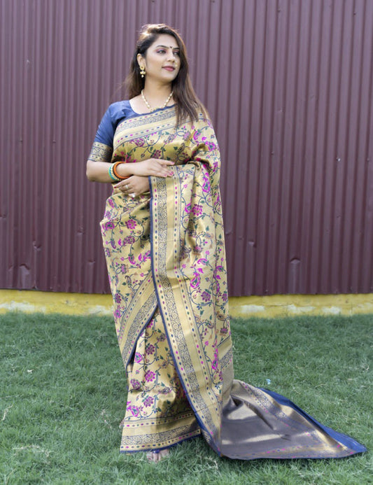 Forbearance Blue Paithani Silk Saree With Mellifluous Blouse Piece