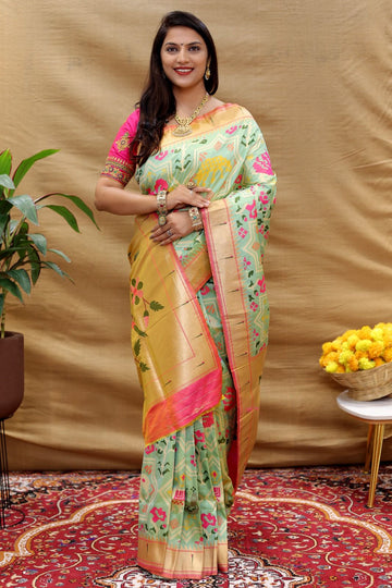 Groovy Pista Paithani Silk Saree With Radiant Blouse Piece